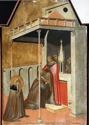 Ugolotti nimmt das Mönchsgewand an (Detail des Polyptychons Leben der heiligen Demut)