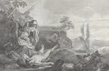 Adam und Eva als älteres Paar, trauernd über die Leiche von Abel
