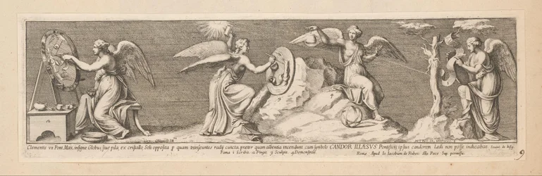 Vier Engel, Clementis VII Pont. Max. insigne globus, siue pila, ex cristallo, Soli opposita p quam transeuntes radij cuncta (...) (Titel auf dem Objekt), Geschichte von Kaiser Konstantin (Serientitel)