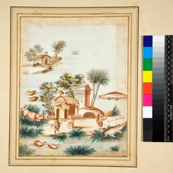 Flusslandschaft mit zwei Pygmäen auf einer Insel
