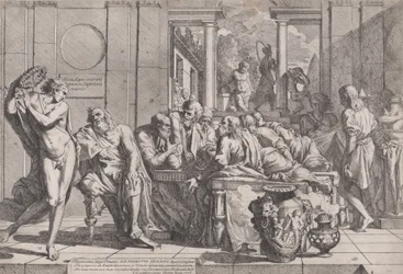 Platons Symposium: Sokrates und seine Gefährten sitzen um einen Tisch und diskutieren über ideale Liebe, 1648