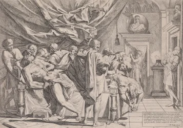 Der Selbstmord des Philosophen Cato, der auf seinem Bett liegt und seine Eingeweide herauszieht, beobachtet von..., 1648