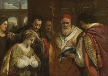 Heilige Domitilla empfängt den Schleier von Papst Clemens I.
