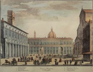 Italien, Bologna, Piazza Maggiore oder Piazza Grande, von Pio Panfili, Gravur