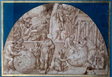 Astronomie-Allegorie. Wissenschaftler nehmen Messungen an Erdgloben vor. Zeichnung mit brauner Tinte von Pirro Ligorio (ca. 1500-1583) 16. Jahrhundert Paris, Louvre Museum