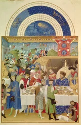 Der Herzog von Berry am Tisch und der Monat Januar. Flämische Miniatur von Pol De Limburg aus dem Manuskript „Die sehr reichen Stunden des Herzogs von Berry“