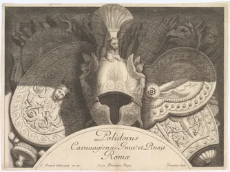 Diverse Trophäen Waffentrophäen nach der Fassade des Palazzo Milesi in Rom, 1651. Schöpfer: Polidoro da Caravaggio, Rene Lochon