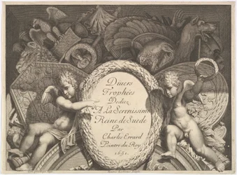 Titelseite von Diverse Trophäen, Waffentrophäen nach der Fassade des Palazzo Milesi in Rom, 1651