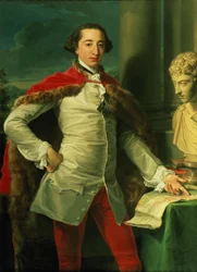 Porträt eines Gentlemans, stehend in Dreiviertellänge, mit weißer Weste, einem rot gefütterten Mantel und roten Kniehosen, auf eine Karte auf einem Tisch zeigend, mit einer Büste von Antoninus neben ihm