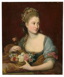 Porträt einer Dame als Flora, halblang, mit einem Weidenkorb voller Blumen