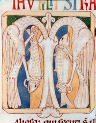 Briefkopf dekoriert mit Reihern und Fischen. Miniatur aus dem Manuskript „Testamentum Vetus“ von Sancta Cruz de Coimbra