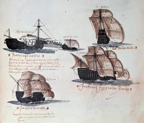 Gedenkbuch der portugiesischen Armadas unter König Manuel I. (1469-1521): Darstellung der Karavellen der portugiesischen Flotte. Miniatur aus einem Manuskript von 1497. Lissabon, Nationalmuseum für Alte Kunst