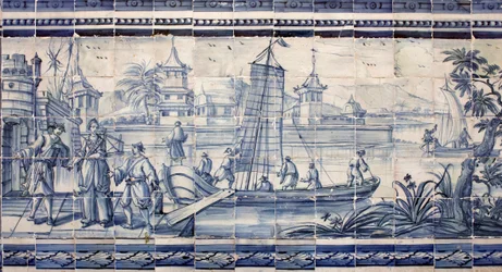 Szene am Ufer eines Flusses in Asien - Azulejos, bemalte Fayence