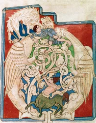 Initiale O mit Darstellung eines jagenden Zentauren. Miniatur aus „Das Alte Testament“ (Testamentum vetus) aus Santa Cruz de Coimbra. 12. Jahrhundert, Porto, Stadtbibliothek