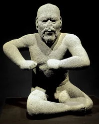 Präkolumbische Kunst, Olmeken-Kultur: „Der Ringer“, Skulptur aus Veracruz, Mexiko. Nationalmuseum für Anthropologie, Mexiko-Stadt, Mexiko