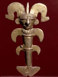 Präkolumbianische Kunst, Quimbaya-Zivilisation: anthropomorpher Anhänger aus Gold