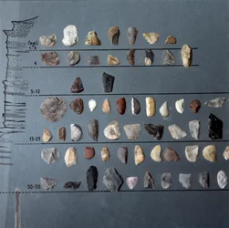 Prähistorisch, Kultur von Pontiniano: Steine und Feuerstein (Lithische Produktion) aus der Höhle von Moscerini, Latium. Steinzeit. Oberes Paläolithikum. Rom, Museo Nazionale Preistorico Etnografico Luigi Pigorini