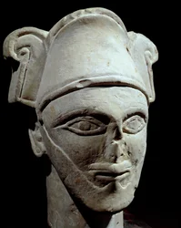 Prähistorisch: Kopf eines semitischen Chefs aus Stein. Ägyptische und Beduinen-Einflüsse. Eisenzeit. Amman, Nationalmuseum, Jordanien