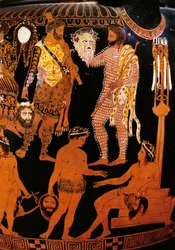 Pronomos-Vase, rotfiguriger Krater. Detail mit Herkules (Herakles), den Vorbereitungen für ein Satyrspiel in Gegenwart von Dionysos und Ariadne; die Figuren halten Theatermasken. 400 v. Chr. Neapel, Museo Archeologico Nazionale