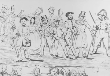 Honoré de Balzac (1799-1850) zusammen mit den Charakteren aus 