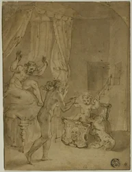 Der kleine Herkules erwürgt Schlangen in seiner Wiege (recto); Gekrönte Frau kniend in Landschaft und andere Skizzen (verso)