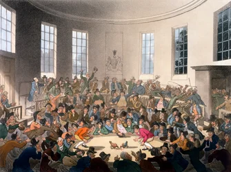 Die königliche Hahnenkampfarena, Birdcage Walk, St James, Illustration aus „Ackermann