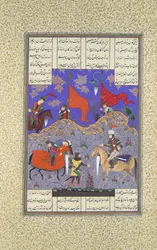 Rustam tötet Isfandiyar, Folio 466r aus dem Shahnama Buch der Könige, ca. 1525-30