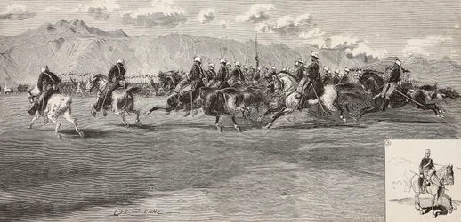 Kavallerieübungen am 17. September, mit Lanzenreiter rechts, Pordenone, Italien, Gravur von Cantagalli nach einer Zeichnung von Quinto Cenni, aus L