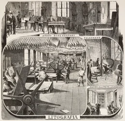 Fratelli Treves Verlag: Zeichnerstudie, Tischlerei, Reinigung von Lithografiesteinen, Lithografie, Mailand, Italien, Gravur nach einer Zeichnung von Quinto Cenni, aus L