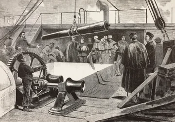 Italienische Matrosen und Offiziere setzen das Schiff Gottardo, italienische Expedition im Roten Meer, Palermo, Italien, Gravur nach einer Zeichnung von Quinto Cenni und einer Skizze von Dante Paolocci, aus L