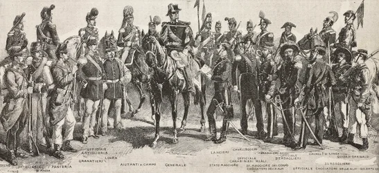 Piemontesische Armee im Jahr 1859: Infanteristen, Artilleristen, Ingenieure, Grenadiere, Offiziere, Generäle, Lanzenträger, Kavalleristen, Scharfschützen