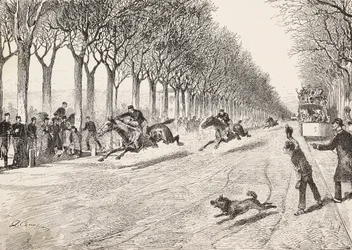 Drei Widerstandsoffiziere nehmen an einem Pferderennen teil, Drittes Savoyer Regiment, zwischen Mailand und Monza, Italien, Gravur nach einer Zeichnung von Quinto Cena, aus L