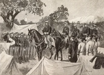 Umberto I. (1844-1900), König von Italien, mit einigen Offizieren, besucht Militärlager, 11. September
