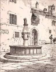 Brunnen des Vicolo di S. Rocco, Viterbo, Italien, aus 