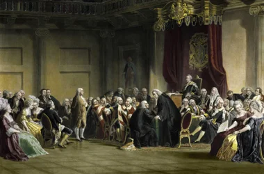 Benjamin Franklin (1706-1790), amerikanischer Philosoph, Physiker und Staatsmann vor den Lords des Geheimen Rates, Whitehall Chapel, London