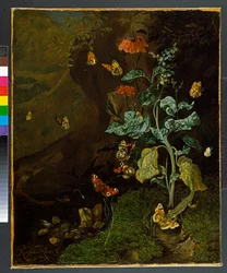 Stillleben mit Blumen, Schmetterlingen und einer Eidechse in einer Talsenke, vor 1750