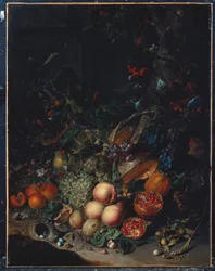 Pfirsiche, Trauben, Granatäpfel, Melonen, ein Maiskolben, Aprikosen, Pflaumen, Birnen, Eicheln