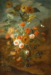 Rosen, Nelken, Sonnenblumen in einer Vase mit Schmetterlingen, Fröschen, Insekten