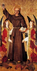 St. Bernhard und Engel, zentrale Tafel des St. Bernhard Altars von Rafael Tomas (aktiv 1455-1479), Predella von Joan Figuera (aktiv ab 1454-gestorben 1477 oder 1479), Tempera auf Tafel, 398,9x253 cm