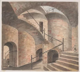Das Innere des Opiumlagers in Patna, mit einer Treppe, die auf immer höhere Bögen steigt