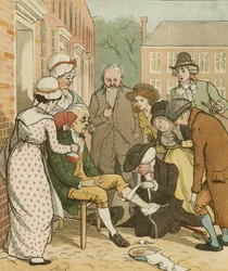 Eine Elegie auf den Tod eines verrückten Hundes von Oliver Goldsmith. Nachbarn verbinden den Biss des guten Mannes von Islington. Illustration von Randolph Caldecott
