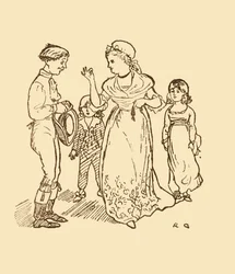 Mrs. Gilpin bezahlt den Postjungen, um ihren Mann zu finden, 1878, um 1918