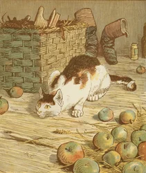 Das Haus, das Jack gebaut hat. Kumulative Kinderreime. Die Katze, die die Ratte gefressen hat, die das Malz gefressen hat. Illustration von Randolph Caldecott.