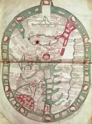 Weltkarte mit Jerusalem als Zentrum, Polychronicon, um 1380