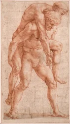 Junger Mann, der einen alten Mann auf seinem Rücken trägt (Aeneas und Anchises)