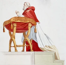 Porträt von Papst Julius II. im Gebet. Gravur nach einem Gemälde von Raphael