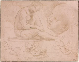 Studien einer sitzenden Frau, Kinderkopf und drei Studien eines Babys