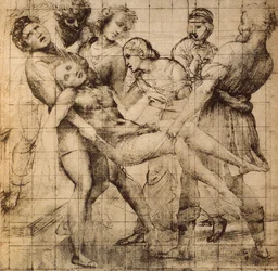 Vorbereitende Zeichnung für den Transport des toten Christus, auch bekannt als die Pala Baglioni; Werk von Raphael. Gabinetto dei Disegni e Stampe, Uffizien, Florenz