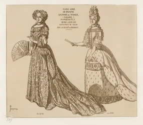 Hofkostüme. Marie Anne de Baviere, Dauphine von Frankreich, verheiratet mit dem Sohn von König Ludwig XIV. Nach einem Kunstwerk in der Sammlung von Bonnart.