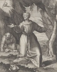 Der heilige Franziskus kniet mit ausgestreckten Armen und blickt auf einen Cherub oben links, 1599